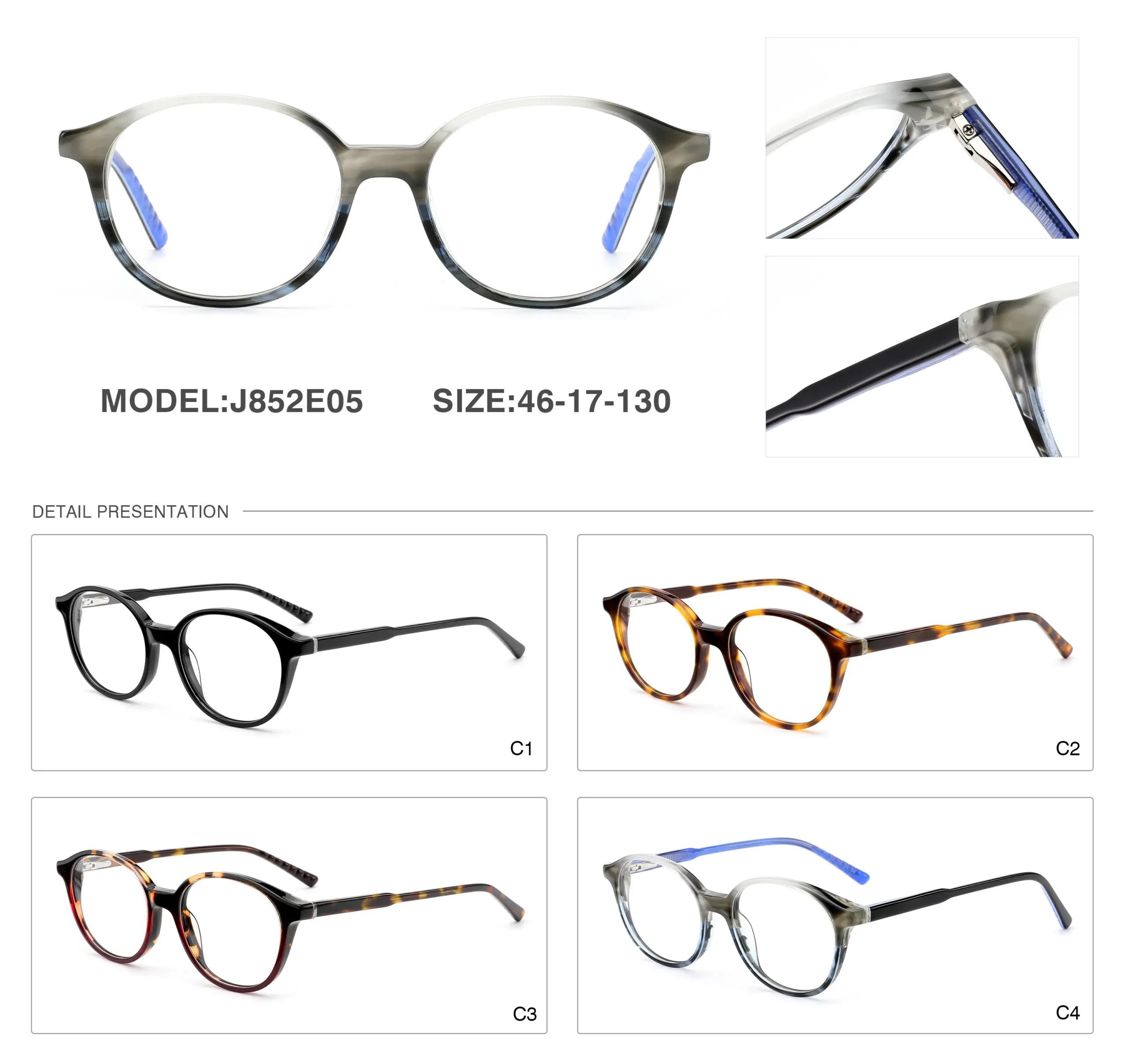 J852e05 classic round acetate eyeglass frames gloss - wholesale from Dongtian eyewear factory