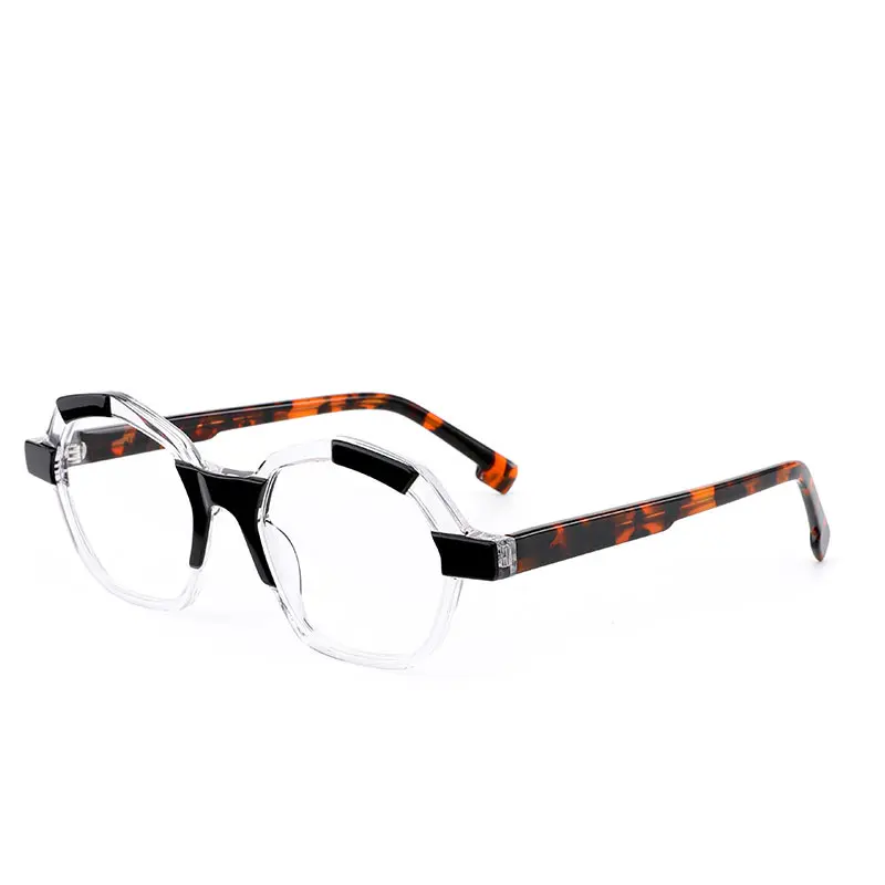 Fashion geometric spliced color acetate eyeglass frames clear black tortoiseshell temple clear lens - wholesale from Dongtian eyewear factory