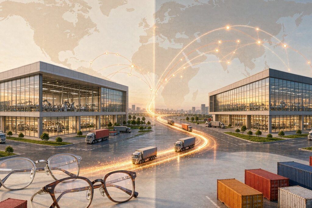 Dual-base eyewear manufacturing concept - two factories connected by global logistics route