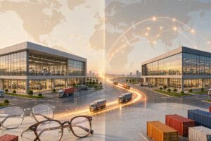 Dual-base eyewear manufacturing concept - two factories connected by global logistics route