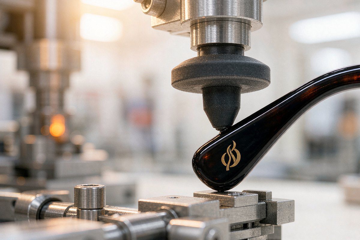 Pad printing a logo onto an acetate sunglasses temple - private label customization