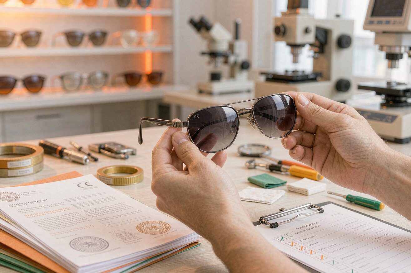 Sunglasses with certification documents and compliance checklist - eyewear certifications concept
