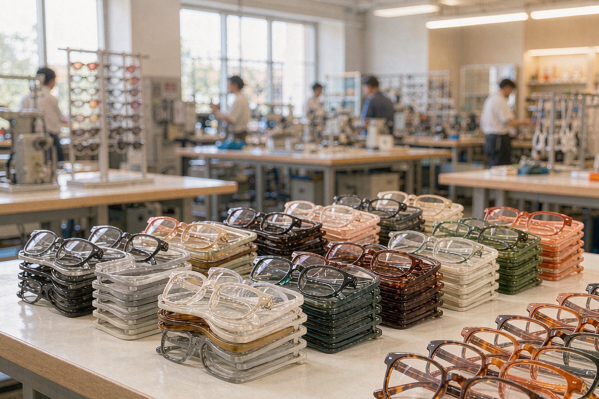 Batches of acetate eyeglasses frames organized by color on a factory worktable - eyewear MOQ concept