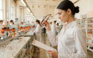 Quality inspector examining an acetate eyeglasses frame during a factory audit in China